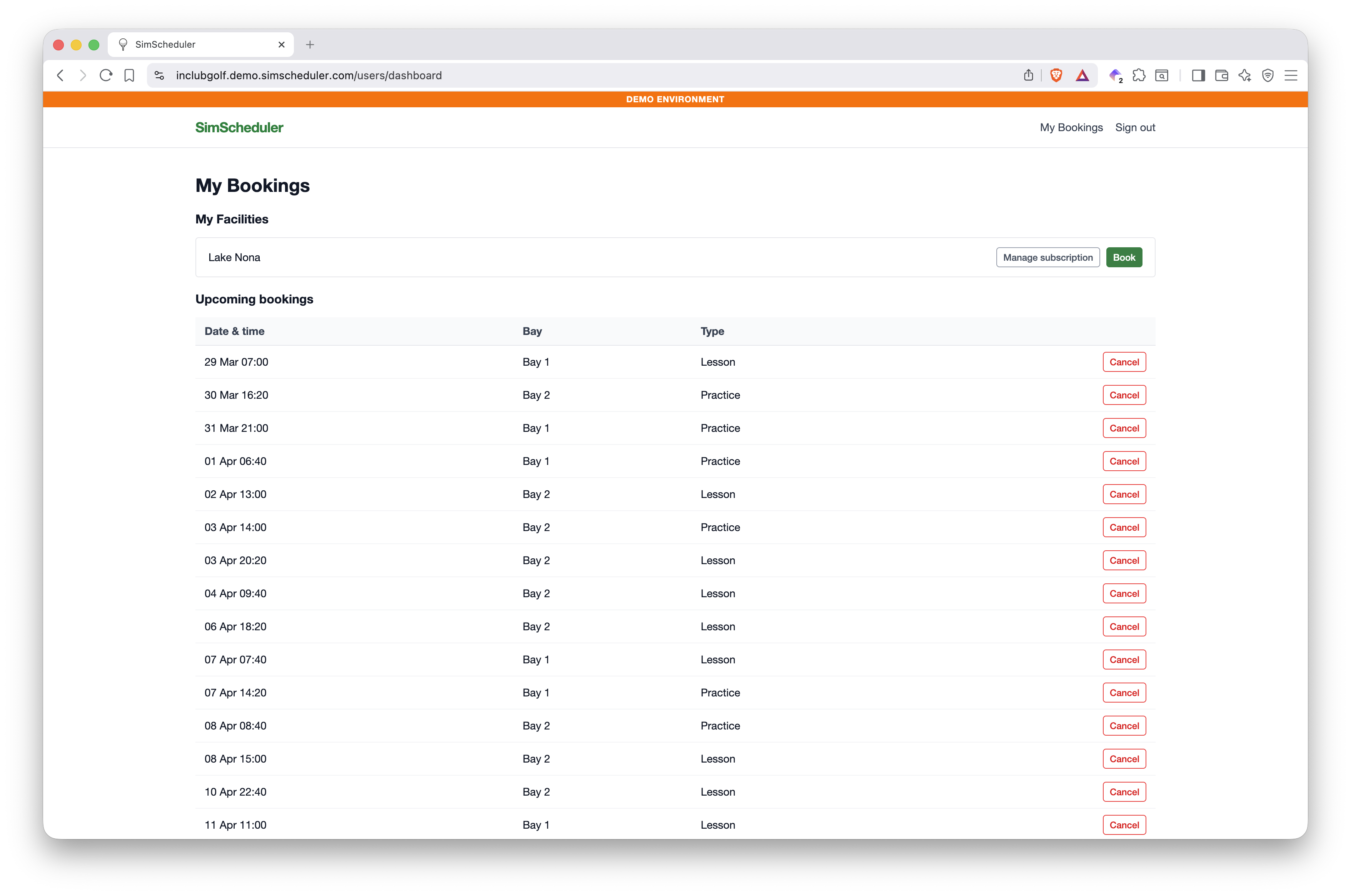 Online bookings list showing upcoming reservations